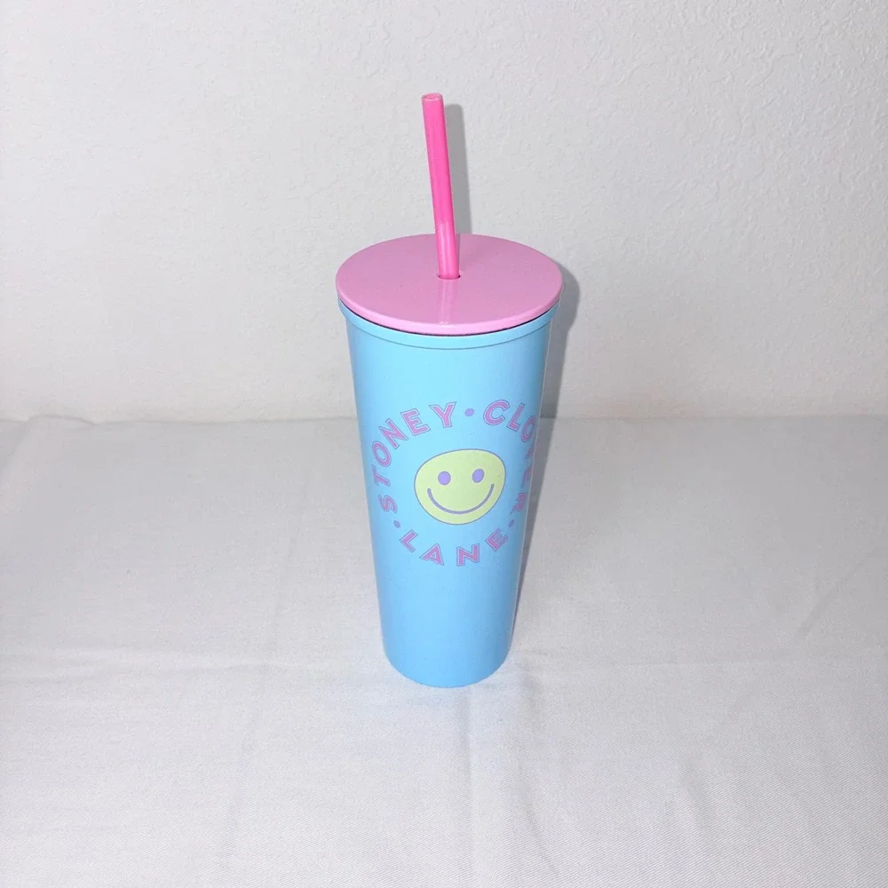 Stoney Clover Lane Blue Smiley Face Travel Tumbler Cup Pink Straw Lid